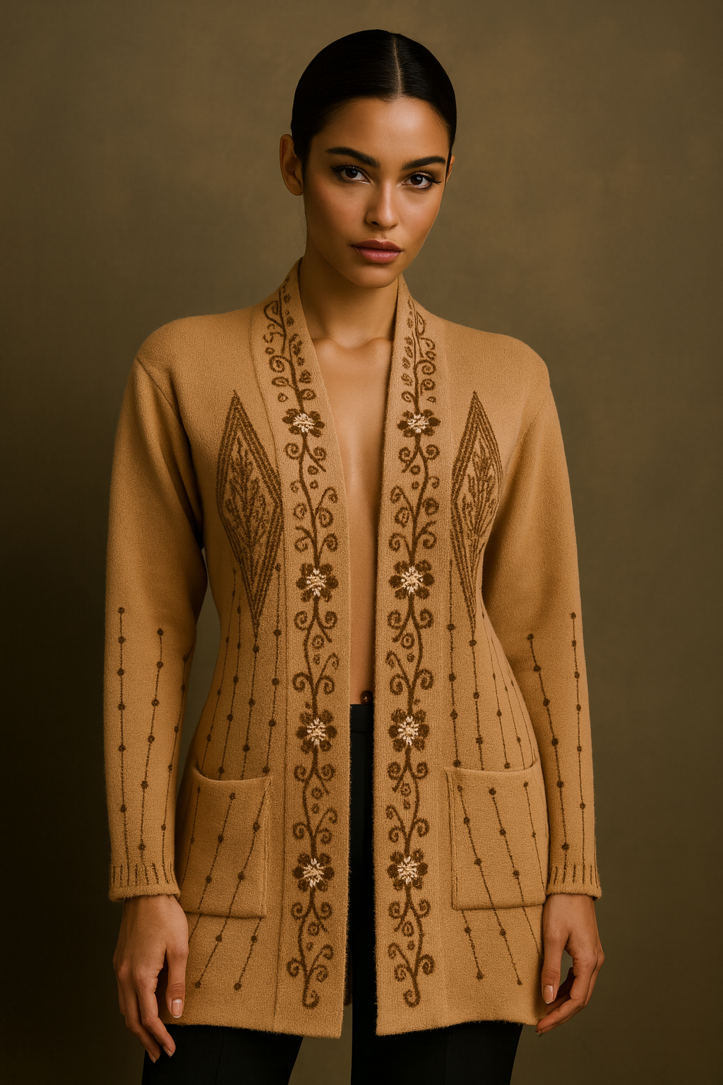 Golden Mirage Woolen Cardigan — Where Grace Meets Authority