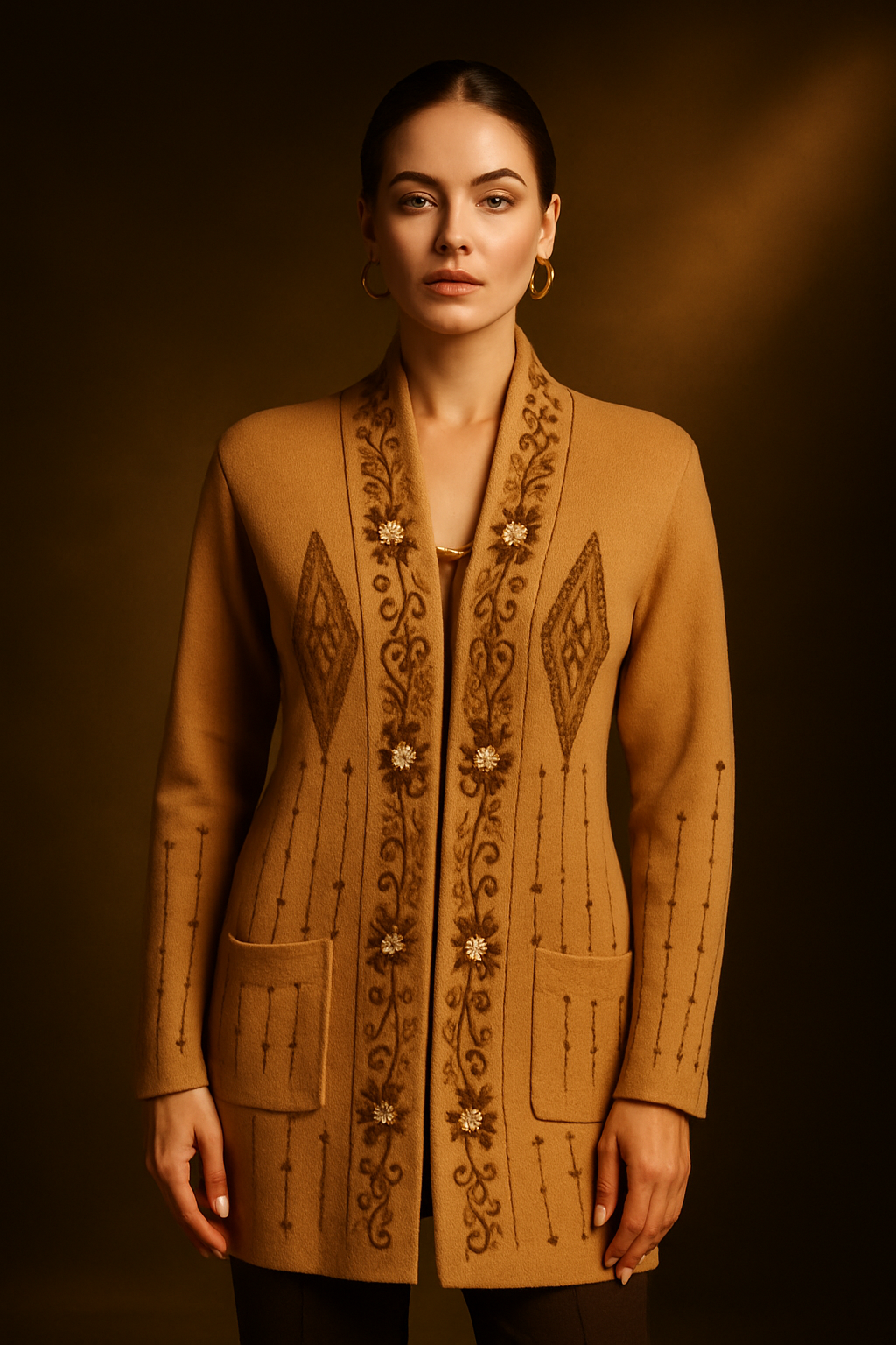 Golden Mirage Woolen Cardigan — Where Grace Meets Authority