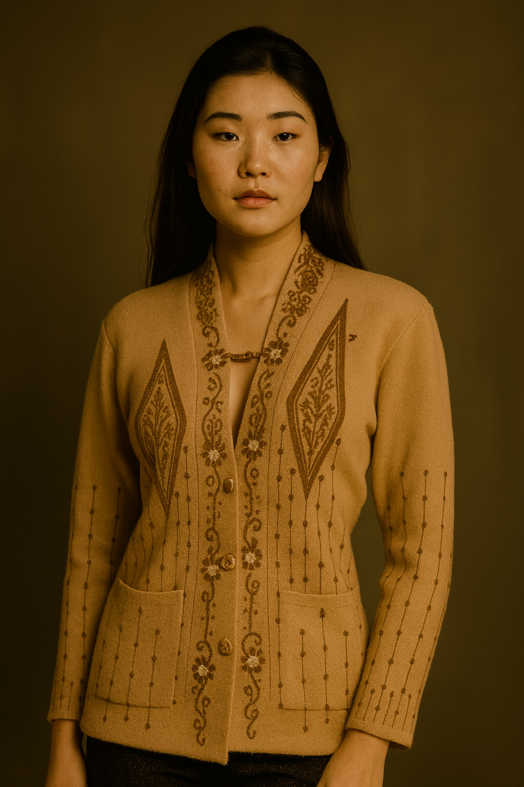 Golden Mirage Woolen Cardigan — Where Grace Meets Authority