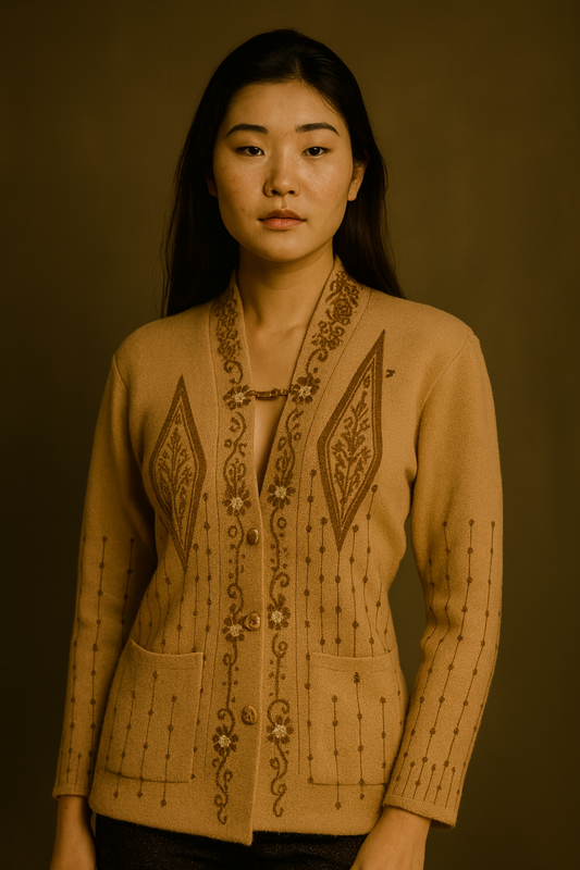 Golden Mirage Woolen Cardigan — Where Grace Meets Authority