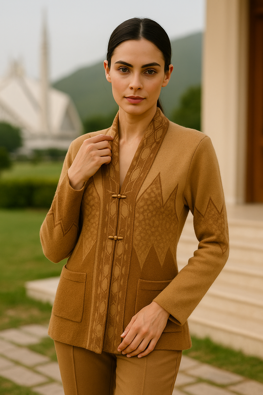 Amber Crest Woolen Blazer — A Symphony of Power and Poise